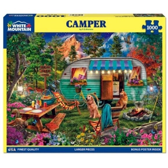 White Mountain 1000 Piece Camper Jigsaw Puzzle Dogs Camping Campfire - Picture 3 of 3